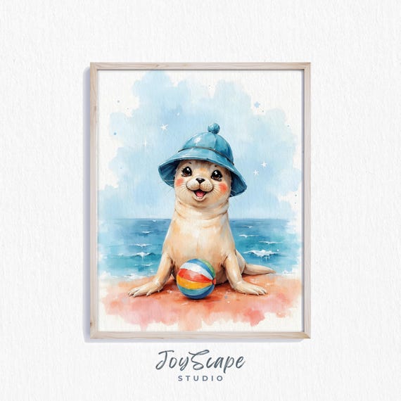Funny Seal Watercolor Print Cute Ocean Animal Art Wall Kids Room Decor Beach Painting Instant 578