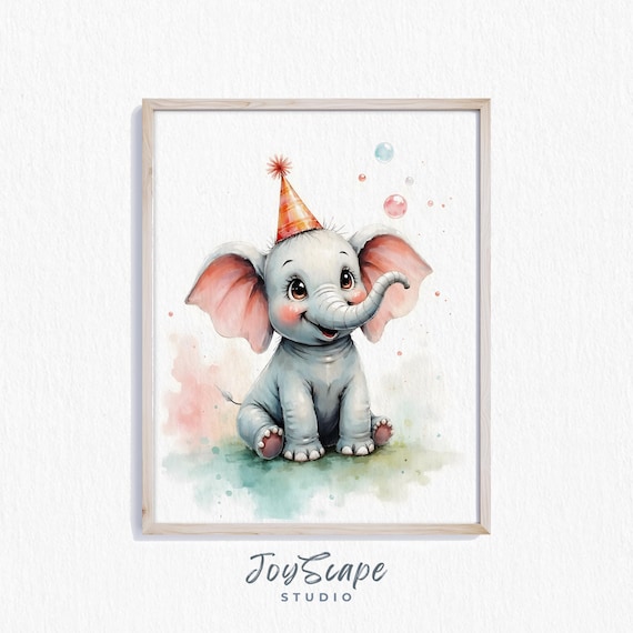 Sweet Baby Elephant In Party Hat Soft Watercolor Nursery Room Poster