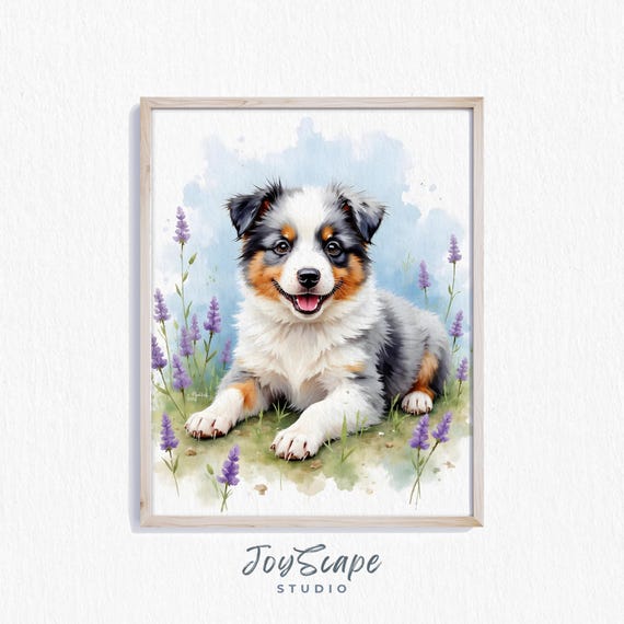 Australian Shepherd Puppy Cute Pet Wall Art Print In Wildflowers Adorable Nursery Decor Rustic Poster