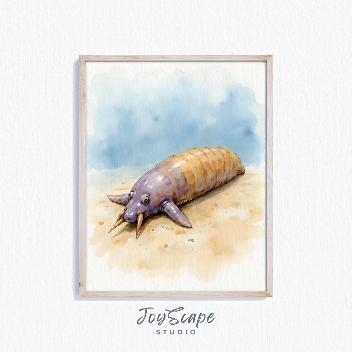 Purple Sea Cucumber on Sand Ocean Watercolor Marine Life Wall Art