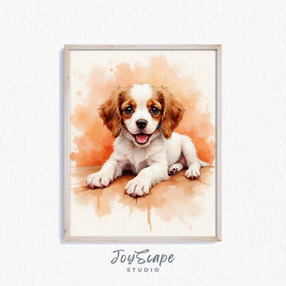 Cavalier King Charles Spaniel Puppy Art Dog Portrait Cute Wall Decor Rustic Animal Painting Print
