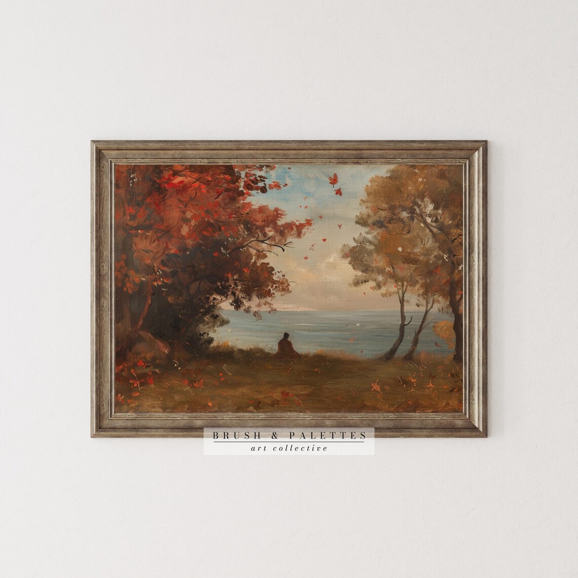 Autumn Forest Lake With Figure In Red Foliage Scenic Painting Poster - Image 2