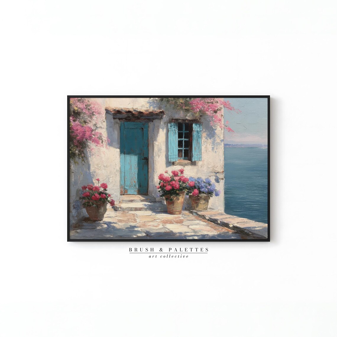 Greek Seaside House With Blue Door And Flowers Vintage Coastal Poster - Image 2