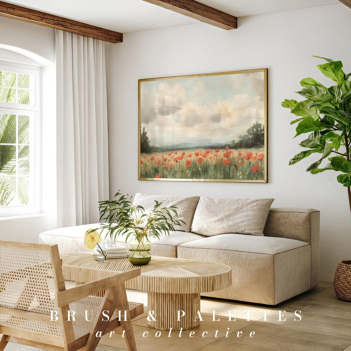 Poppy Field Oil Painting Floral Landscape Art Vintage Country Farmhouse Wall Decor With Soft Red And Green Tones - Image 2