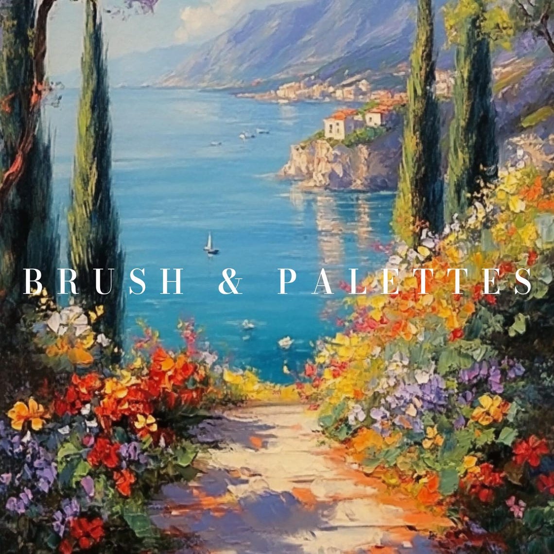 Mediterranean Garden Path Overlooking The Sea Cypress Floral Poster - Image 2