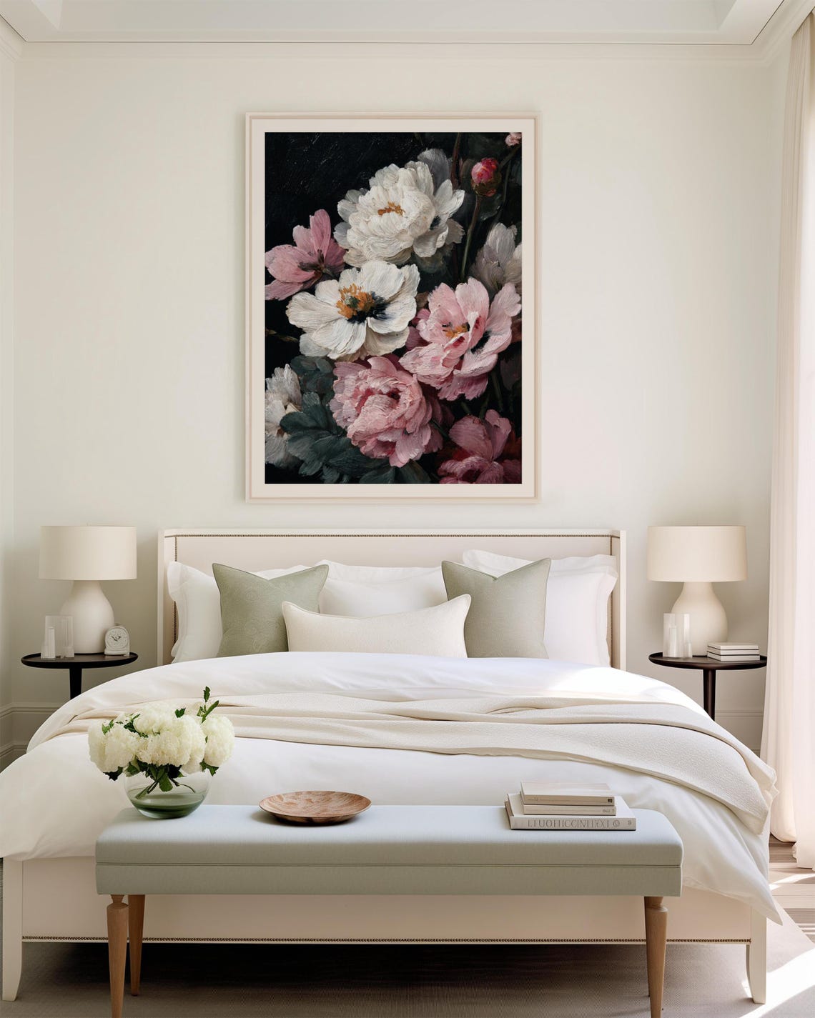 Vintage Pink White Peonies Art Print, Floral Still Life - Image 2