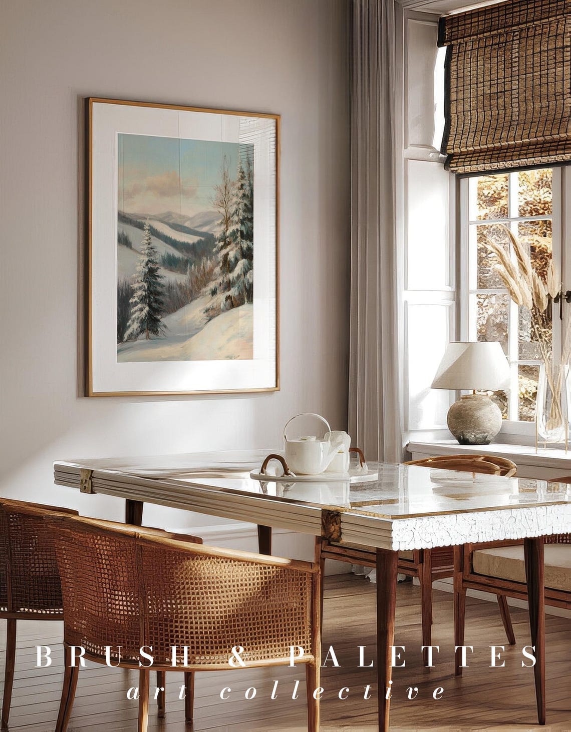 Snowy Pine Forest Mountain Winter Landscape Rustic Painting Poster - Image 3