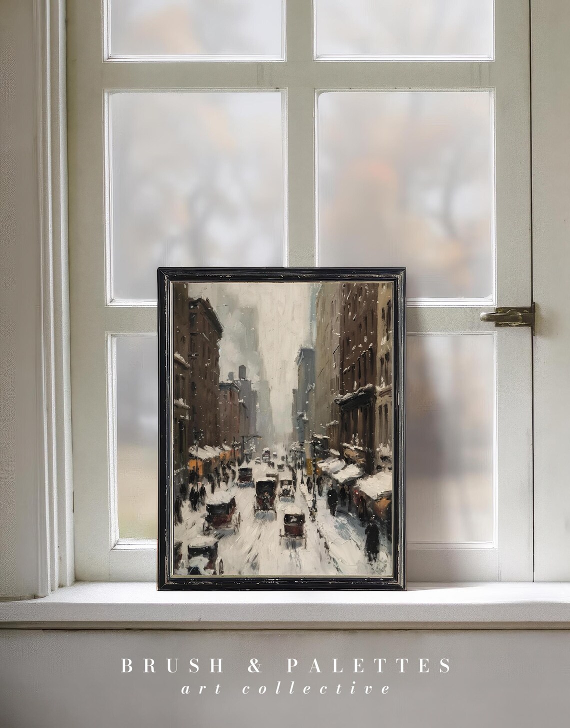 Vintage Snowy City Street Horse Carriages Winter Urban Painting Poster - Image 2