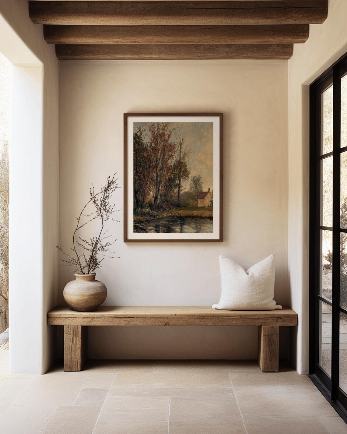 Autumn Lakeside Cottage Painting Rustic Fall Landscape Cozy Wall Art - Image 3