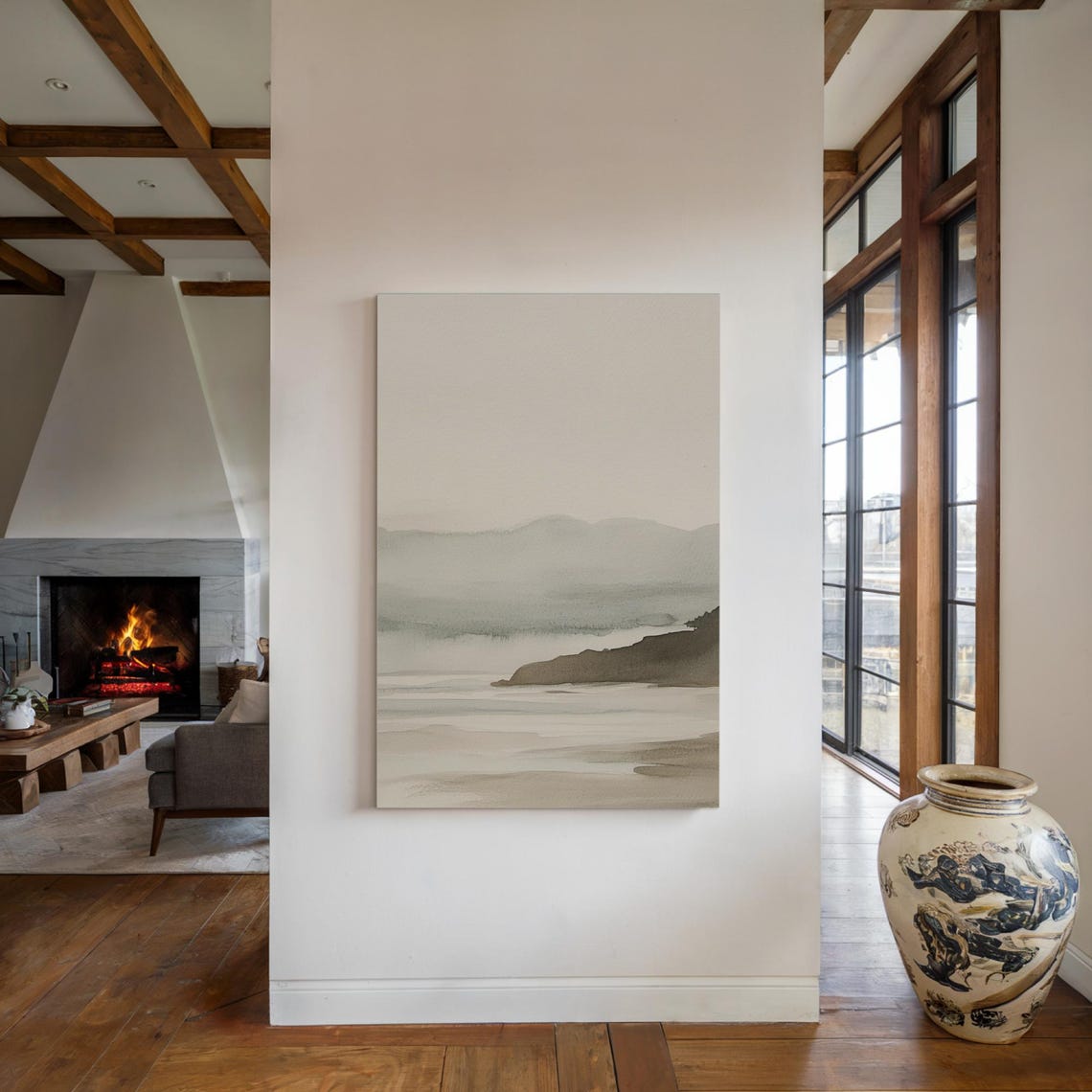 Misty Coastal Watercolor Seaside Landscape Neutral Tones Wall Art - Image 3
