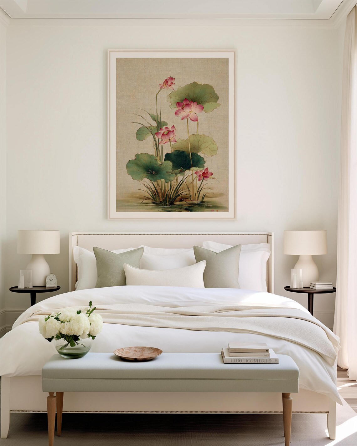 Pink Lotus Flowers With Leaves Asian Watercolor Botanical Art Poster - Image 2