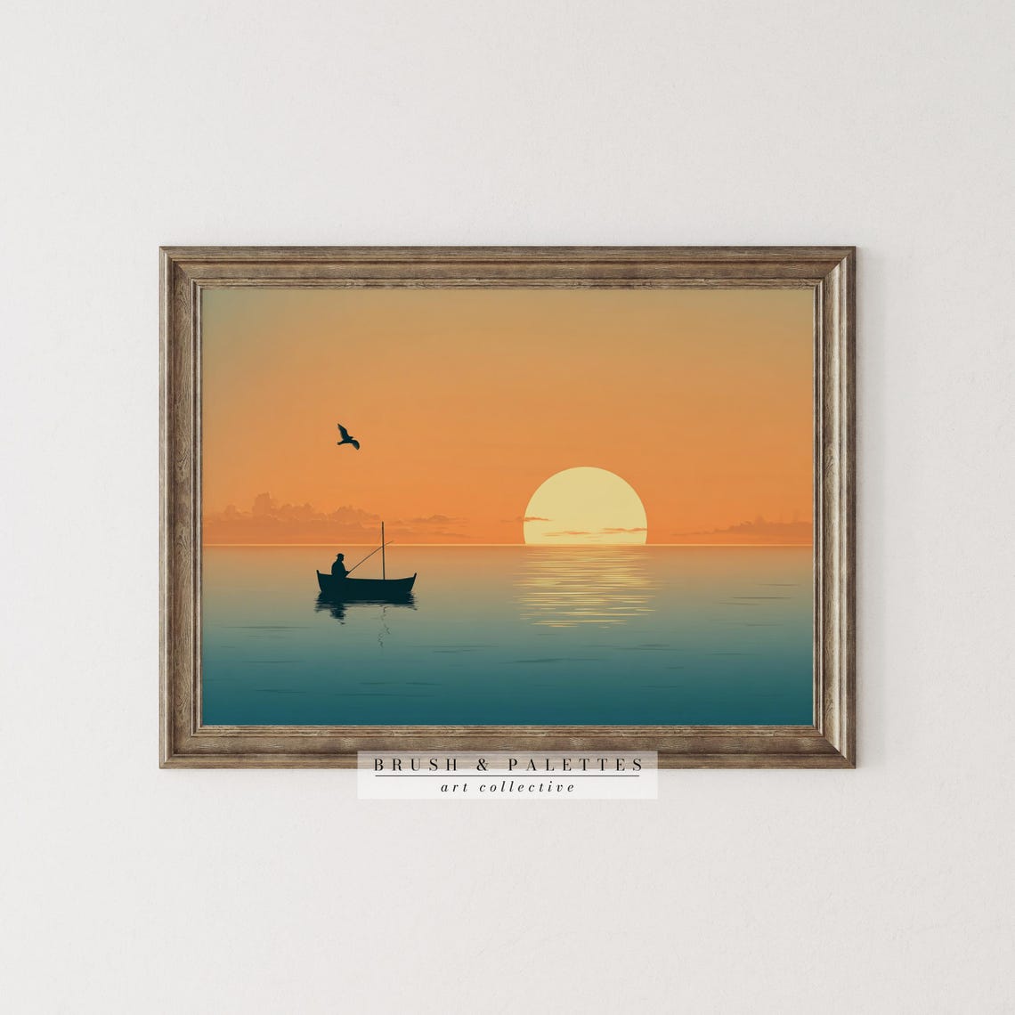 Lone Fisherman Boat Glowing Sunset Silhouette Ocean Art Print - Image 3