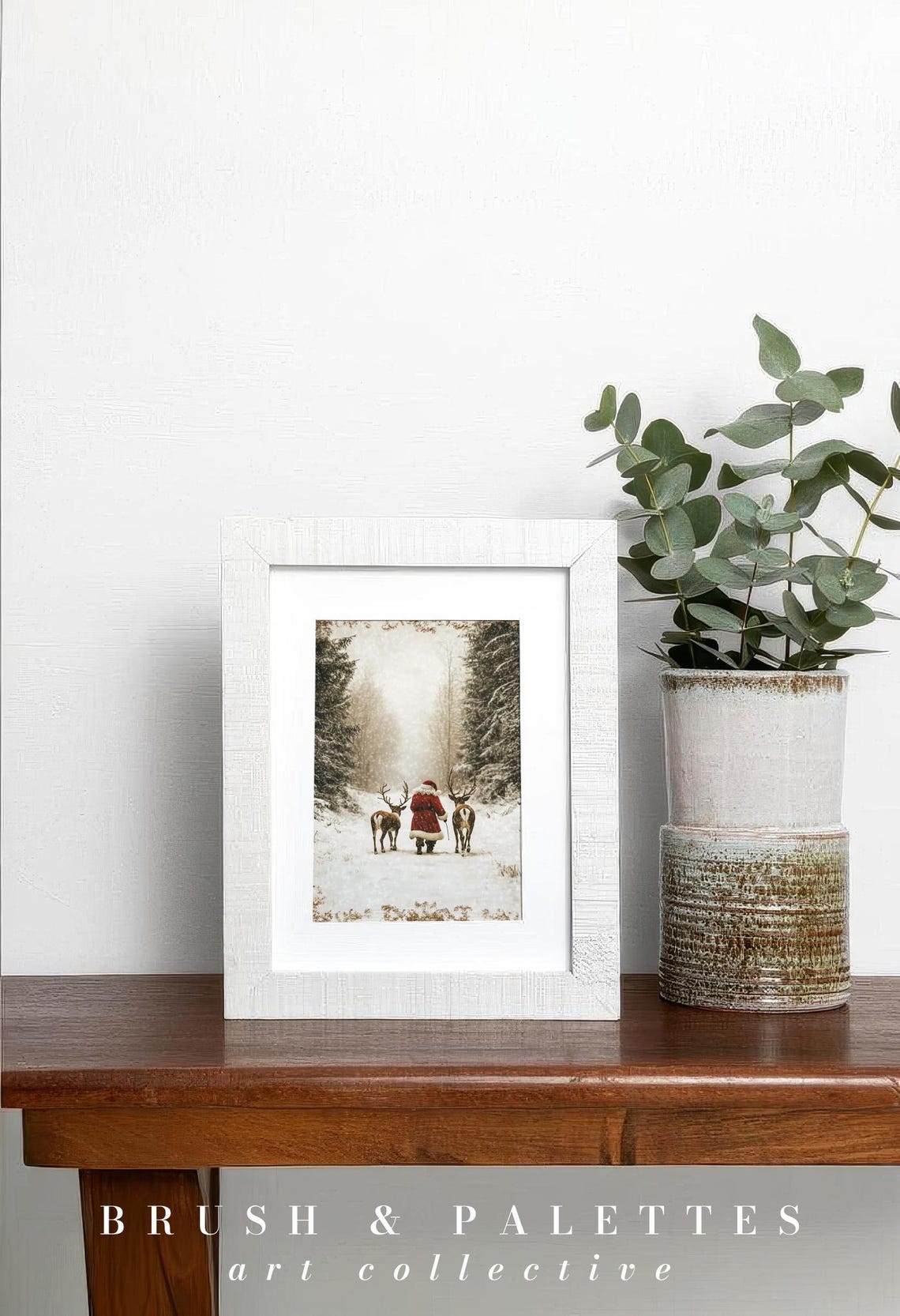 Vintage Santa Walking With Two Reindeer Through Snowy Forest Poster - Image 2