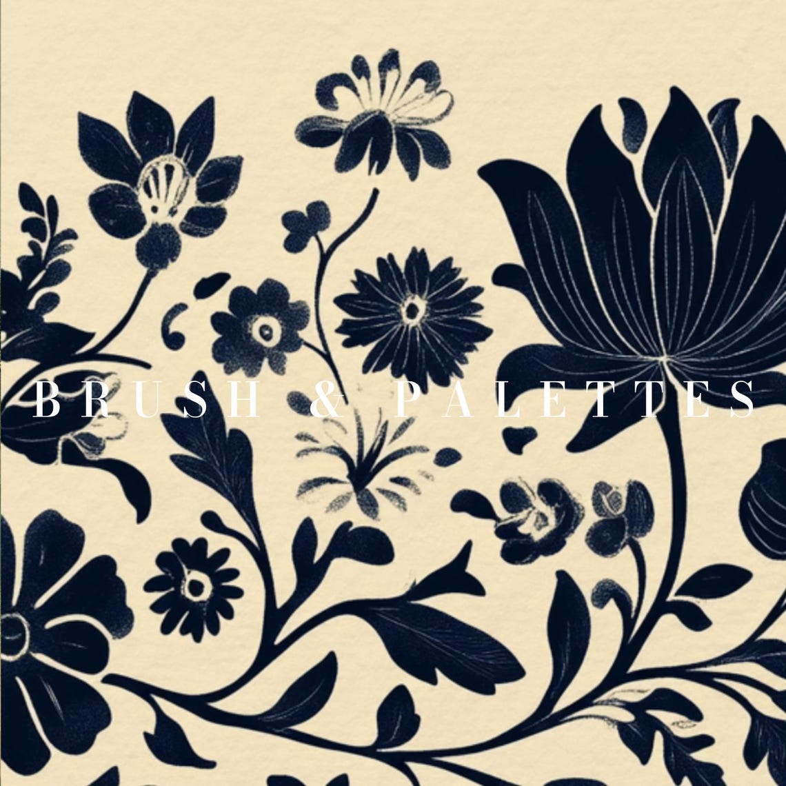 Navy Blue Botanical Silhouette Vintage Floral Branch Print On Cream - Image 2