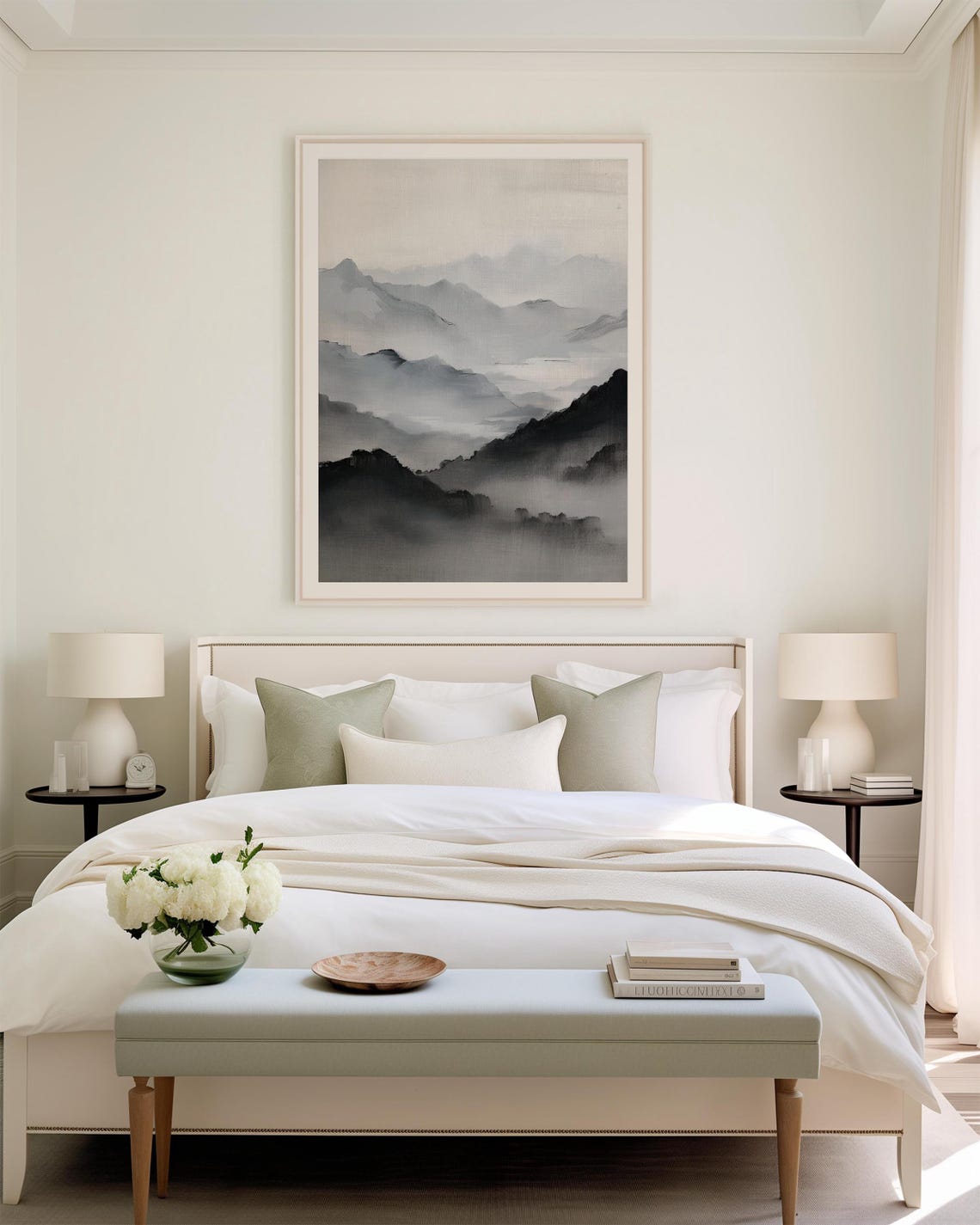 Monochrome Misty Mountain Chinese Ink Brush Landscape Wall Art - Image 2