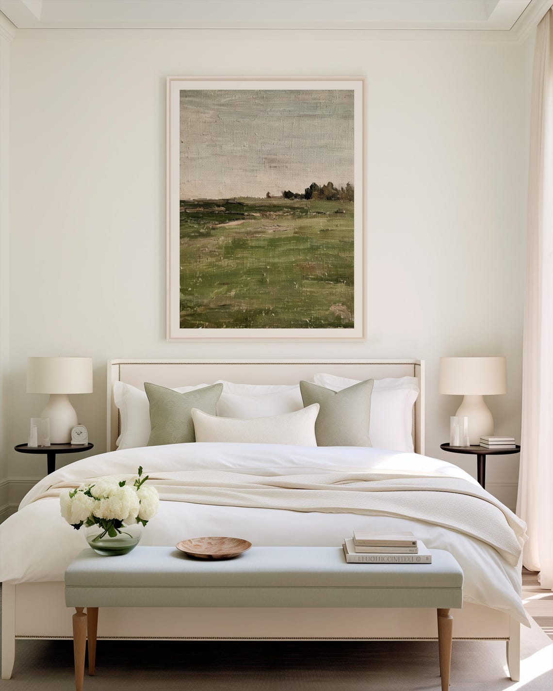 Minimalist Green Field Gray Sky Modern Countryside Art Poster - Image 2
