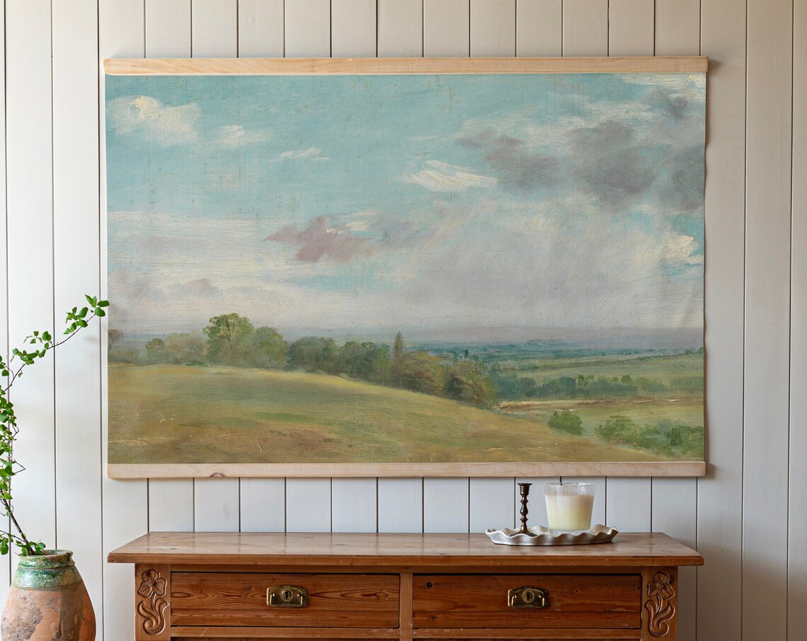 Vintage Pastoral Meadow Landscape Soft Blue Sky Countryside Poster