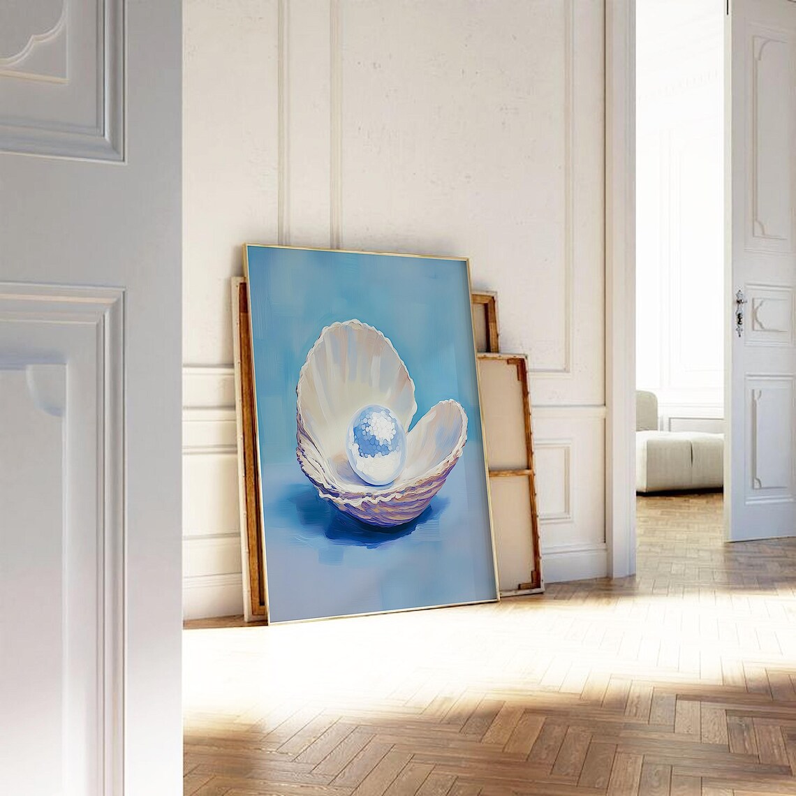 Disco Ball Pearl in Pastel Blue Painted Seashell Coastal Print - Image 3