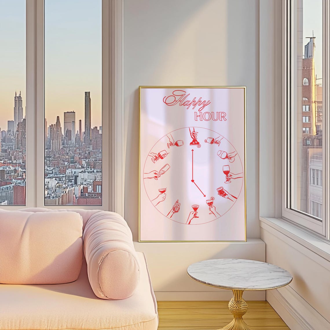 Happy Hour Cocktail Clock Red Line Art Bar Cart Kitchen Poster - Image 4