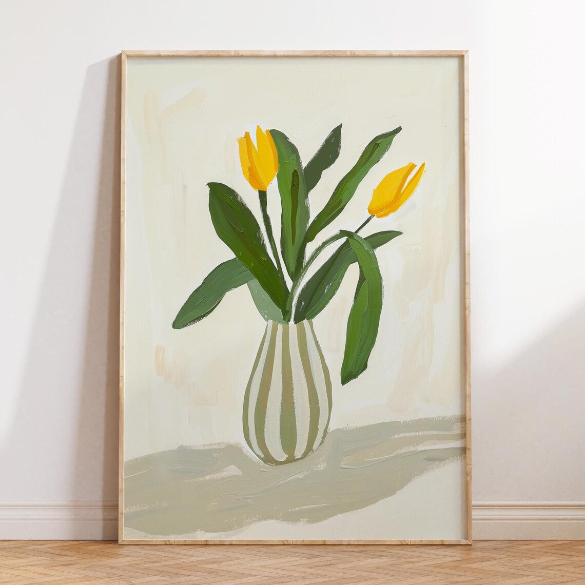 Yellow Tulips In Striped Vase Painterly Cream Floral Still Life Poster