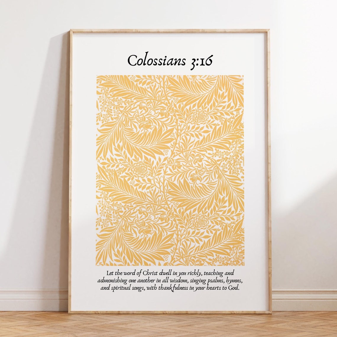 Colossians 3:16 Yellow William Morris Leafy Pattern Scripture Poster