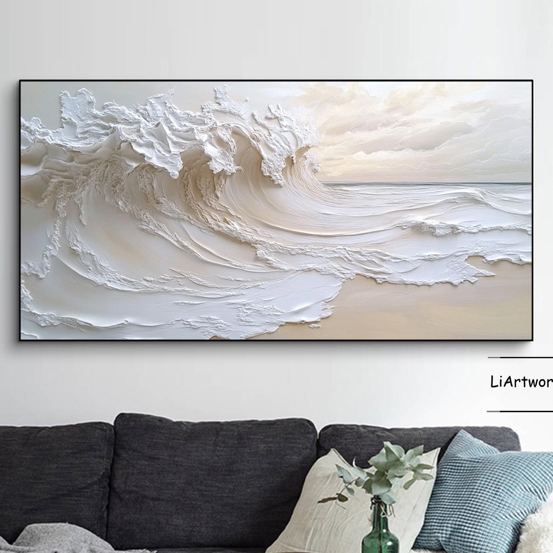 Dramatic Cream Ocean Wave Barrel Curl in Bold Impasto Art Poster
