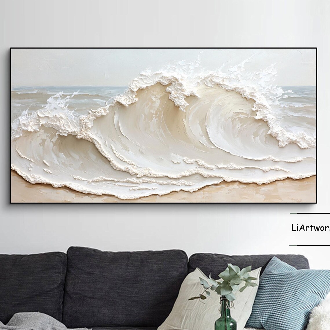 Golden Cream Wave Barrel Curling Under Soft Sky Impasto Art Poster