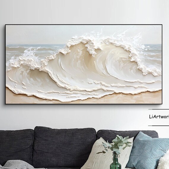 Golden Cream Wave Barrel Curling Under Soft Sky Impasto Art Poster