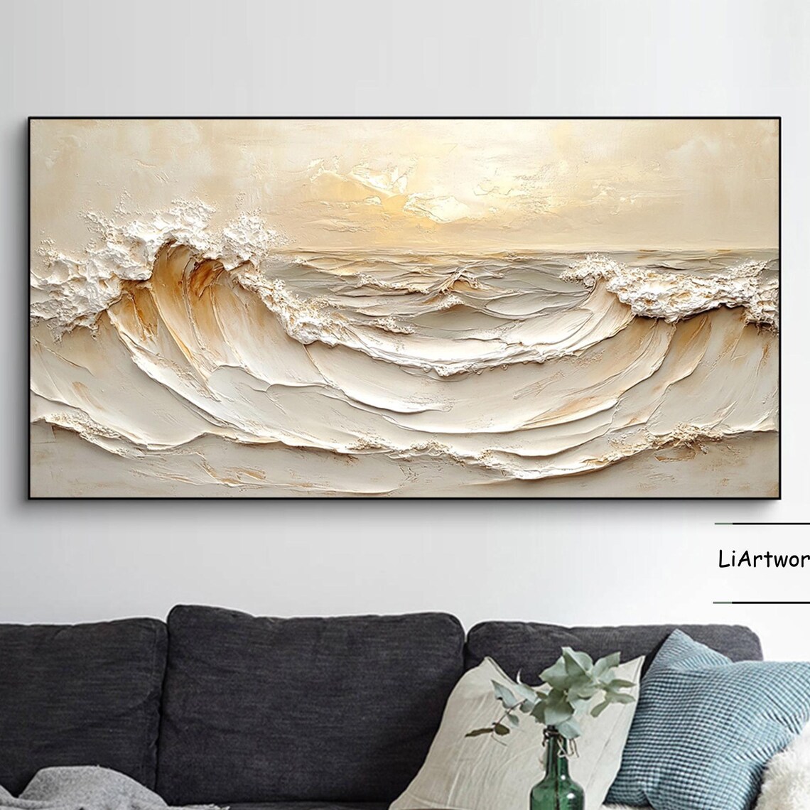 Sunlit Golden Cream Ocean Wave Curl in Thick Impasto Art Poster