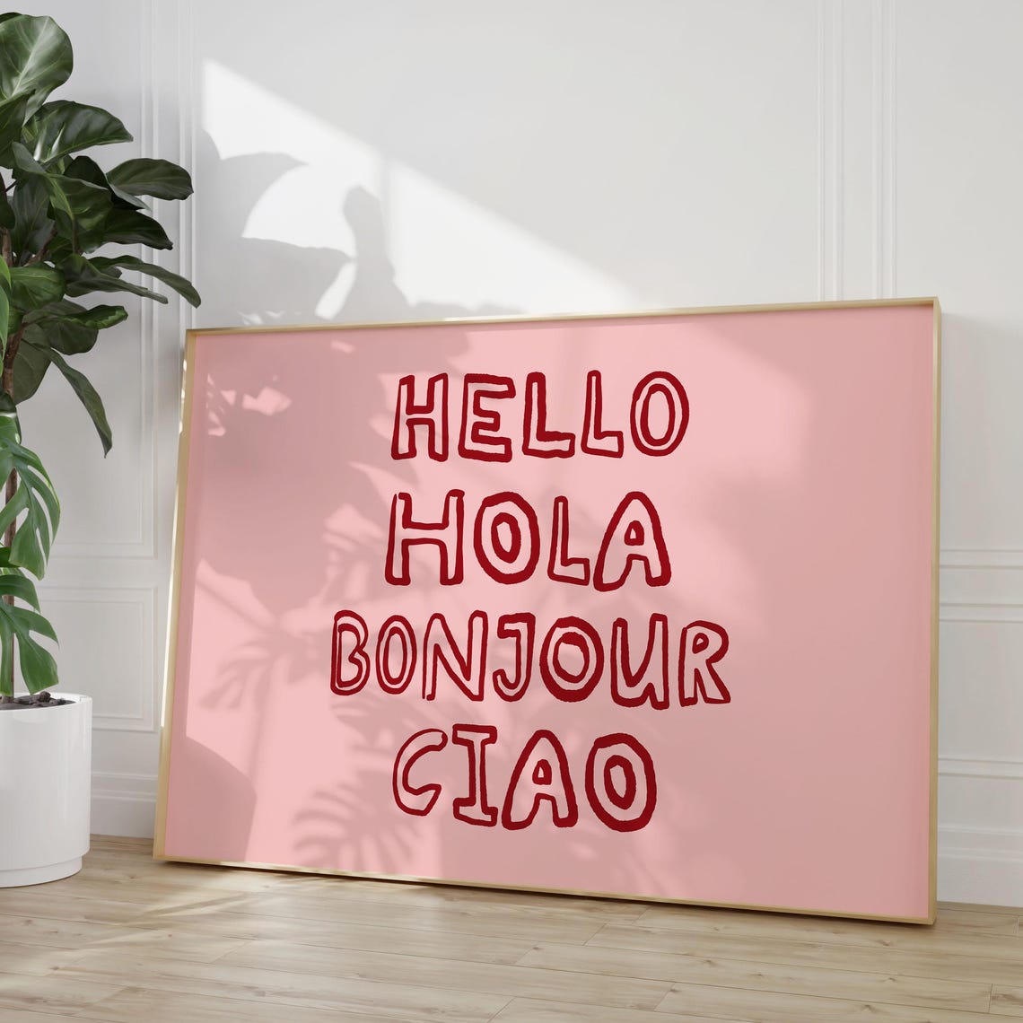 Hello Hola Bonjour Ciao Pink Greeting Typography Decor Poster