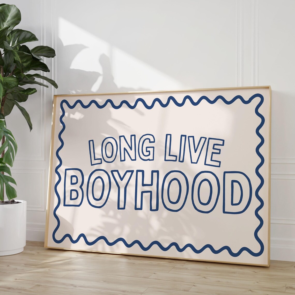 Long Live Boyhood Blue Outline Wavy Border Boys Kids Room Poster