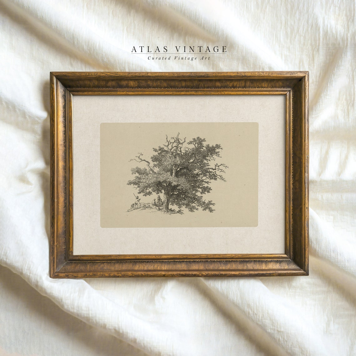 Antique Tree Etching Resting Figures Sepia Sketch Landscape Poster