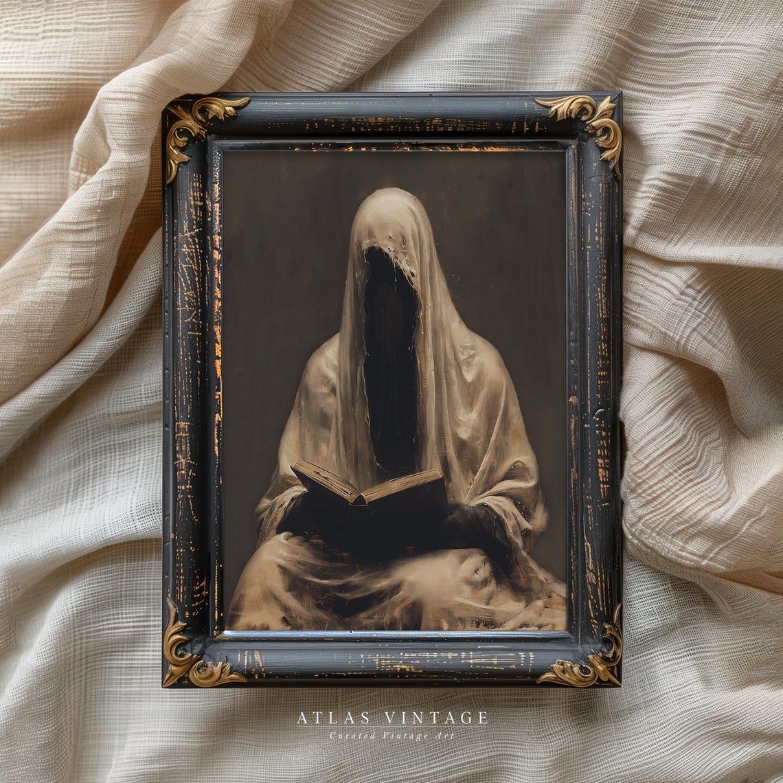 Veiled Ghost Reading Book Dark Spooky Gothic Portrait Art Poster - Image 2