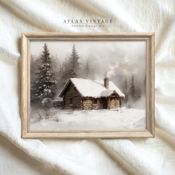 Muted Snowy Forest Landscape Vintage Winter Cabin Painting Print Dark Moody Cottage Decor Holiday Neutral Prints