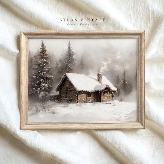 Rustic Log Cabin in a Snowy Winter Forest Landscape Vintage Poster