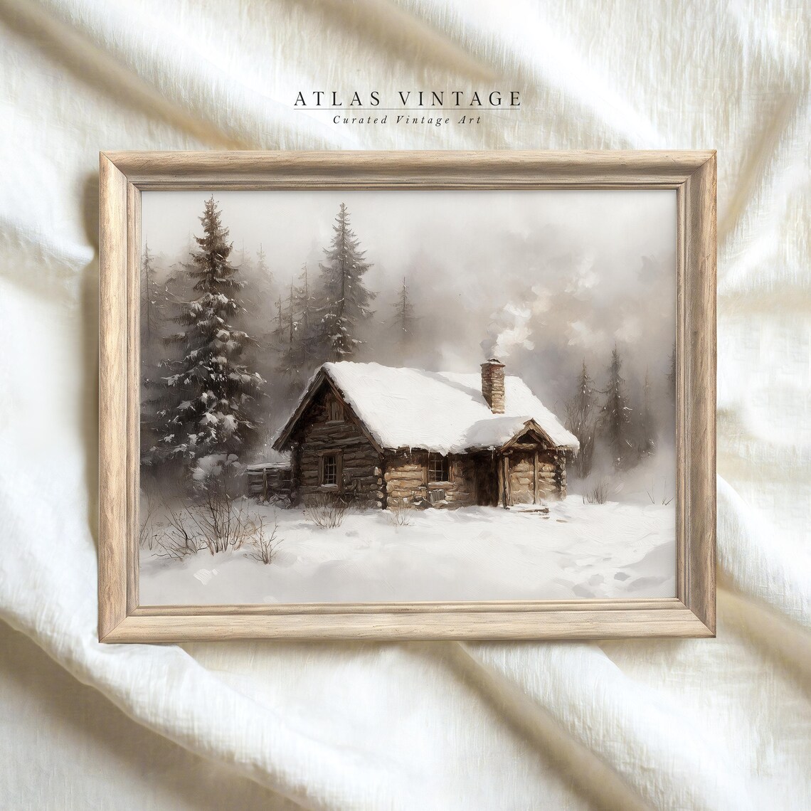 Rustic Log Cabin in a Snowy Winter Forest Landscape Vintage Poster