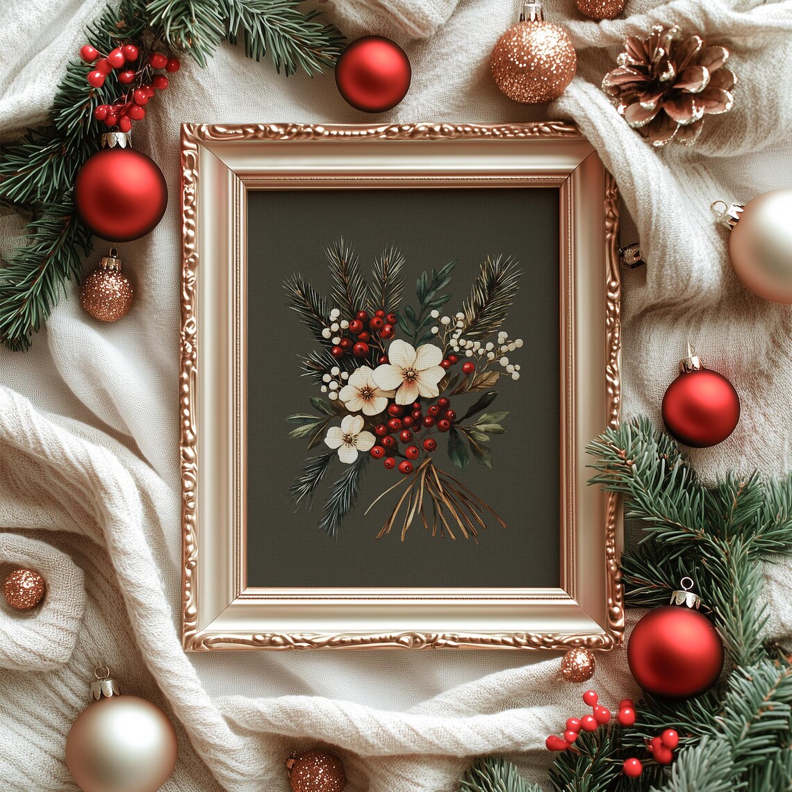 Winter Pine and Red Berry Bouquet Vintage Christmas Floral Poster - Image 6