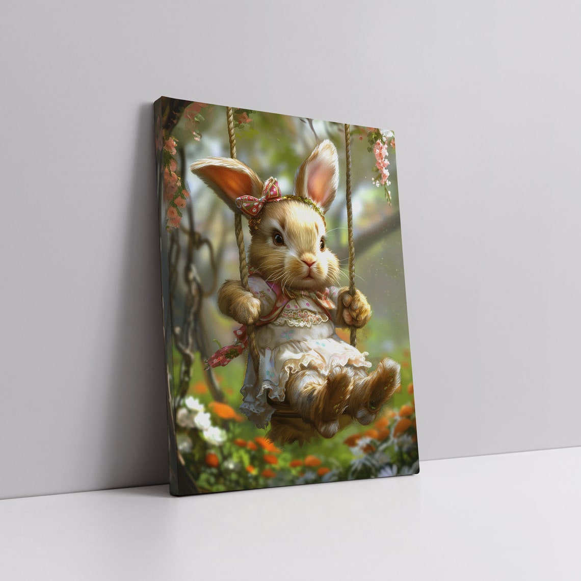 Vintage Cute Swinging Easter Bunny Print Spring Rabbit Wall Art Nursery Dcor Kids Room Dcor Antique Bunny Painting - Image 4