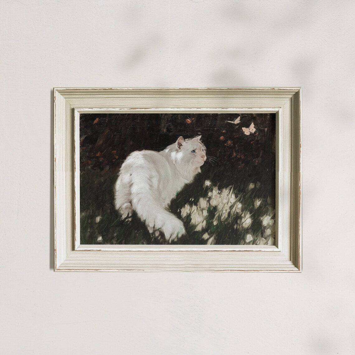 White Cat Among Dark Flowers Butterflies Vintage Oil Painting Poster - Image 6