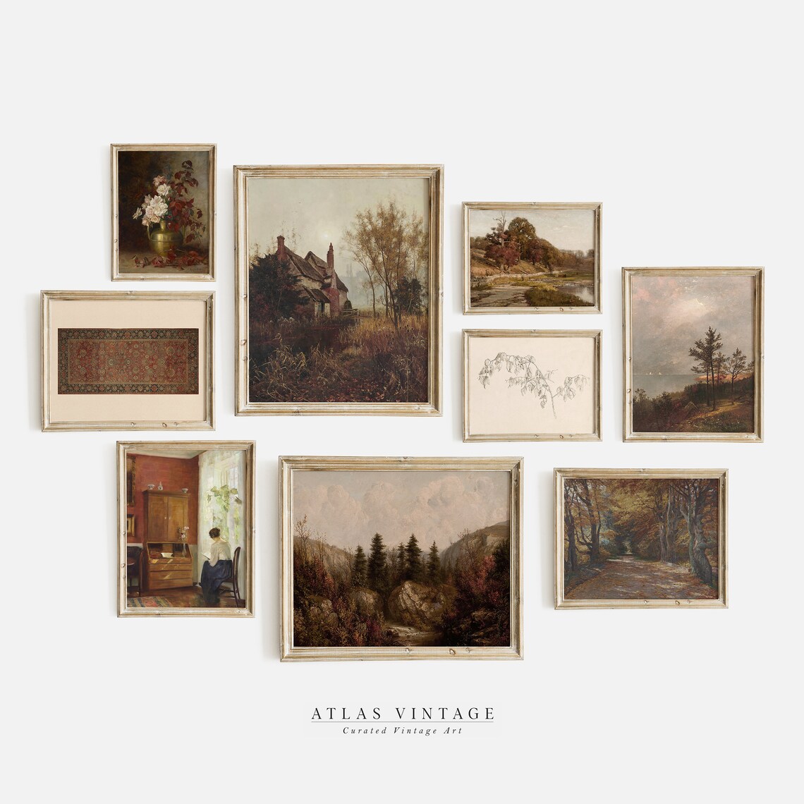 Vintage Fall Gallery Wall Set of 9 Antique Autumn Warm Tone Art Poster