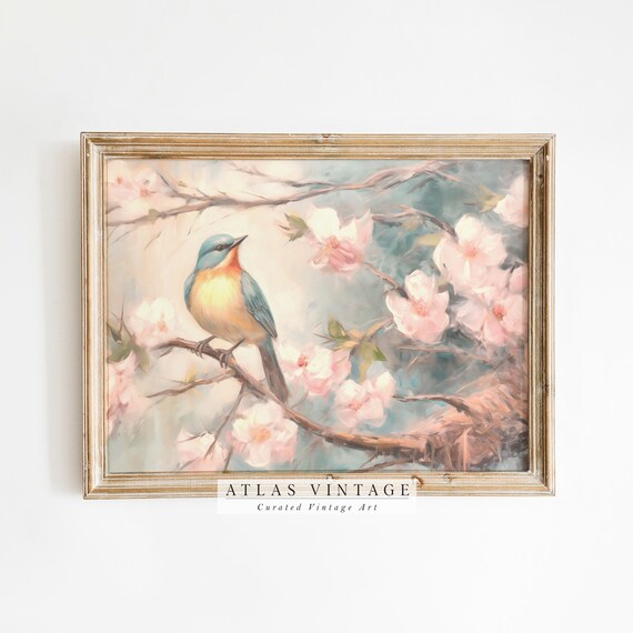 Colorful Songbird Perched on Pink Blossom Branch Spring Poster