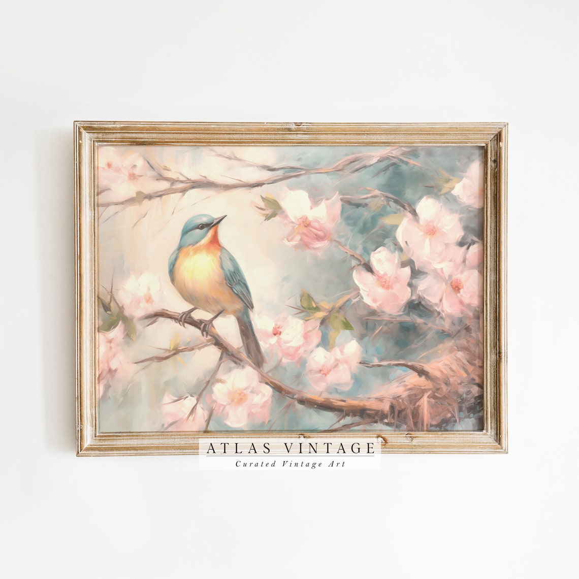 Colorful Songbird Perched on Pink Blossom Branch Spring Poster