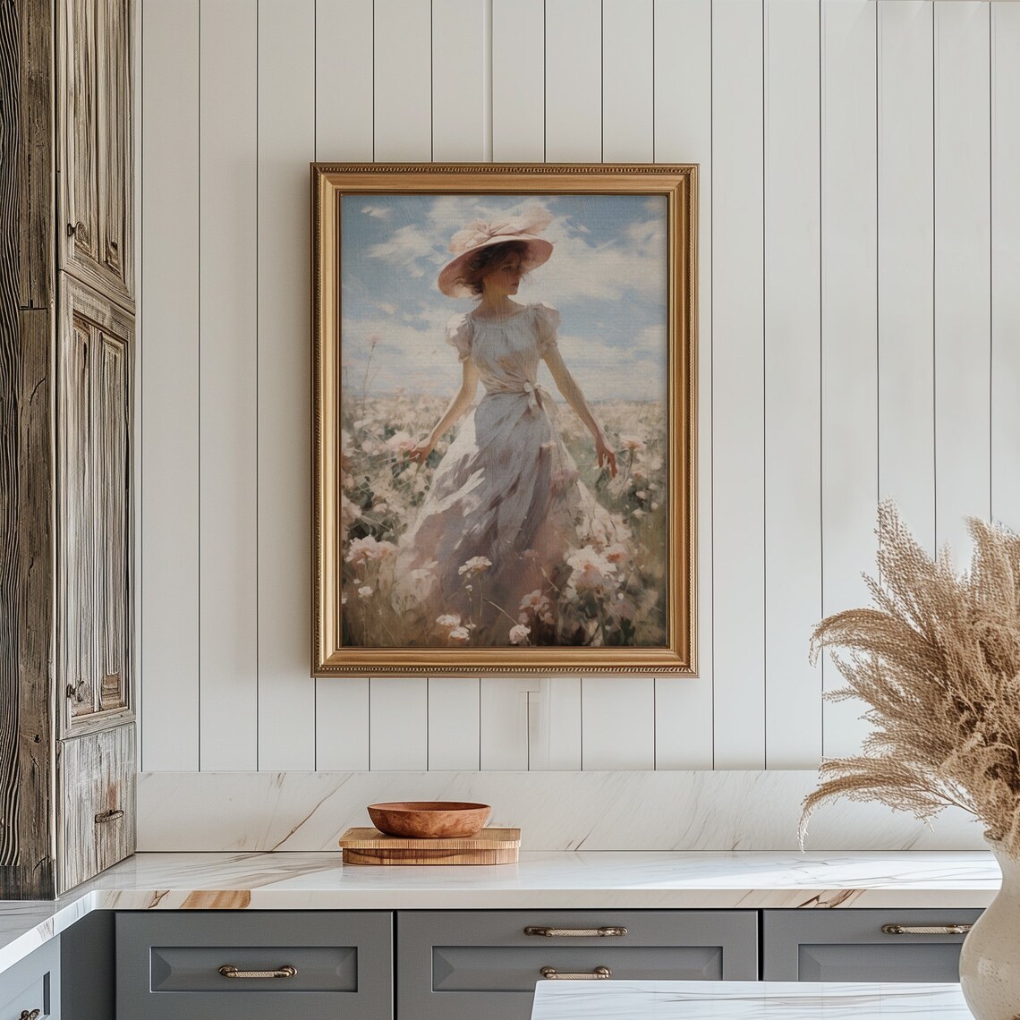 Woman in White Dress and Pink Hat Walking Flower Field Poster - Image 5