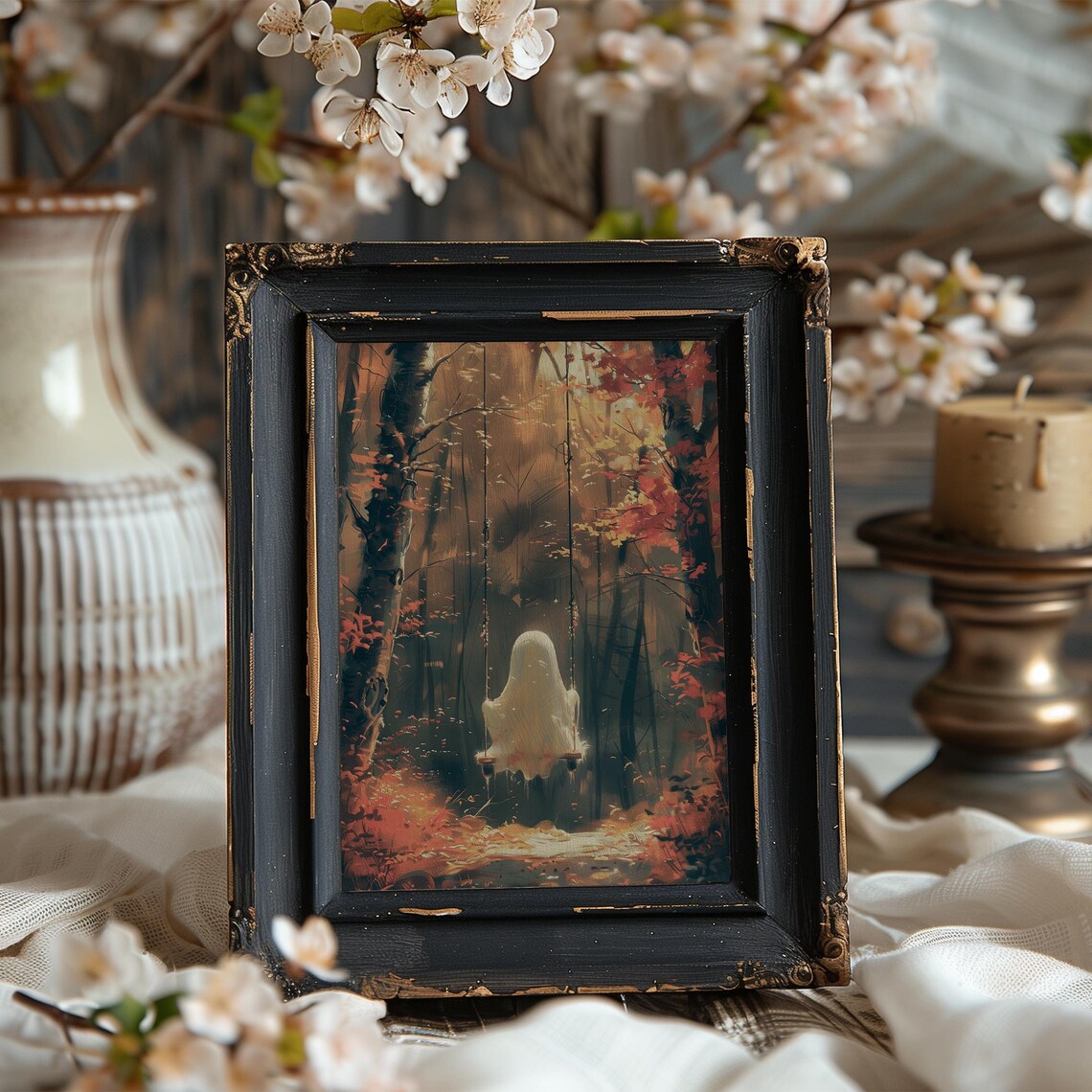 Cute Ghost on Swing in Autumn Forest Vintage Halloween Spooky Fall Art Poster - Image 7