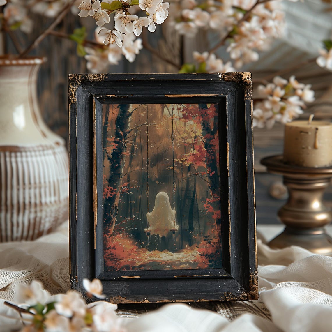 Vintage Cute Halloween Ghost On The Swing Print Spooky Ghost Painting Funny Autumn Cottagecore Decor Gothic Fall Wall Art - Image 7