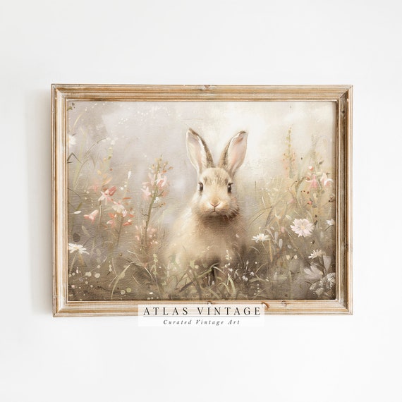 Easter Bunny Vintage Print Rabbit In Spring Landscape Painting Rustic Summer Decor Hare Nursery Wall Art Neutral Moody Meadow