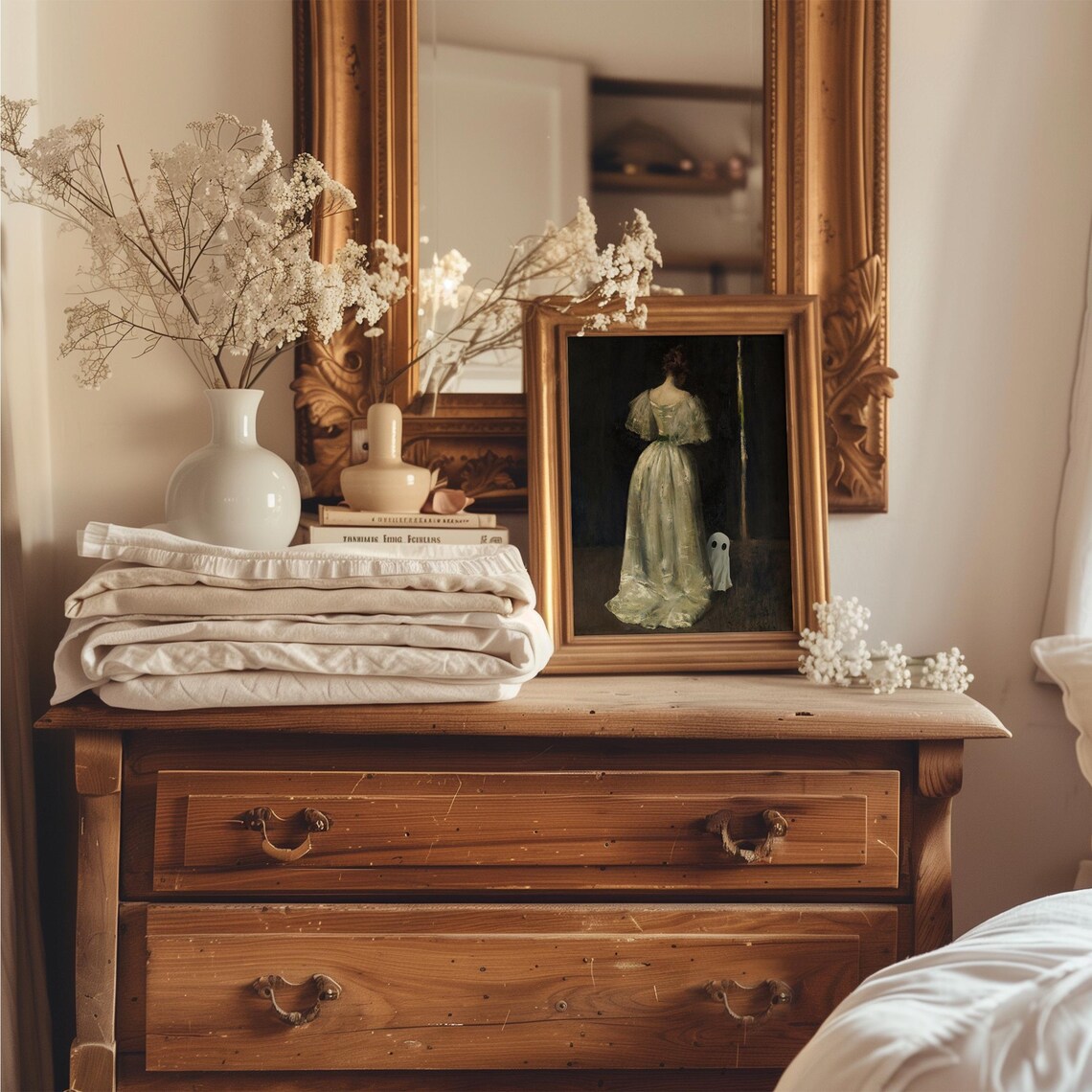 Moody Woman in White Gown with Cute Ghost Vintage Spooky Halloween Print - Image 5