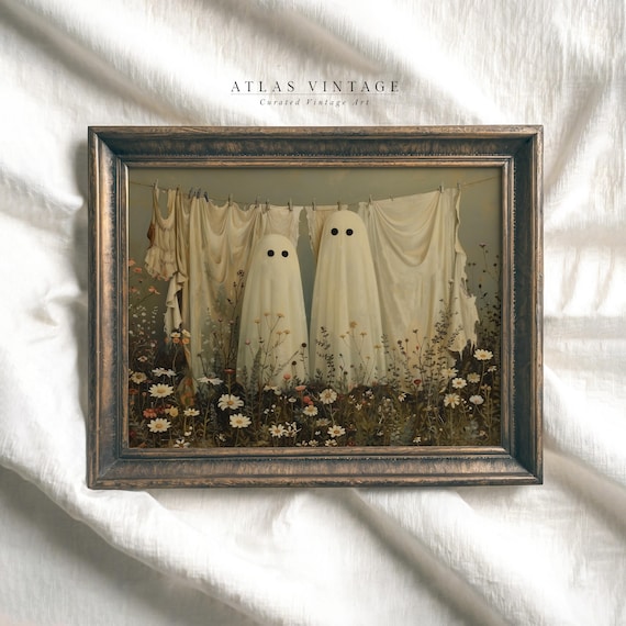Cute Sheet Ghosts on Clothesline Halloween Wildflower Meadow Art Poster