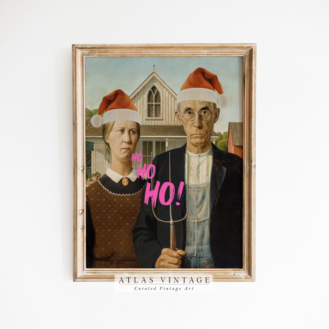 American Gothic Santa Hats Funny Altered Christmas Art Poster