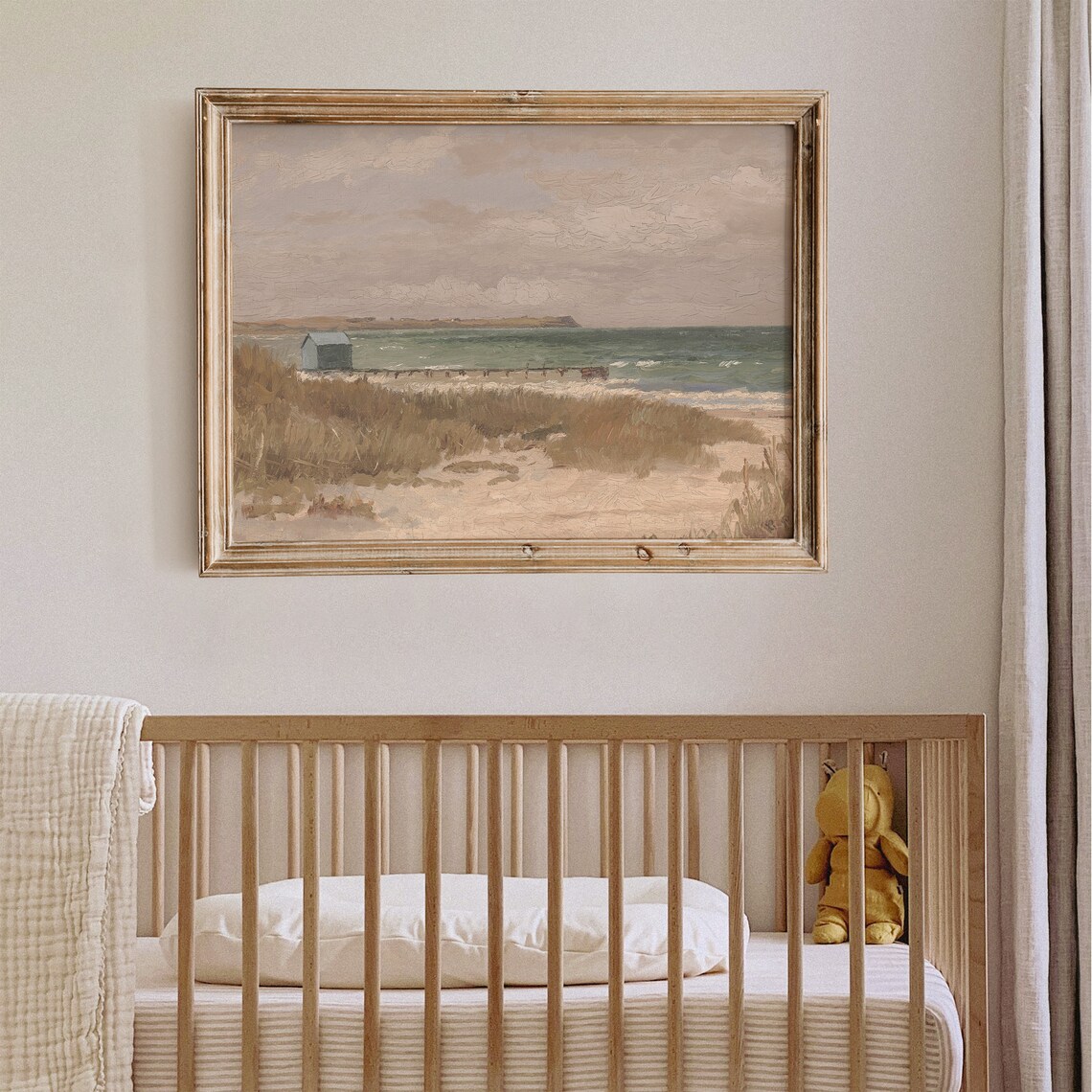 Tiny Vintage Beach House Dune Grass Green Sea Muted Coastal Painting Poster - Image 4